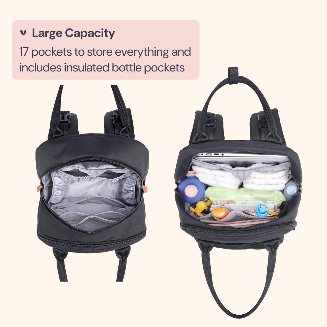 Extra Large Diaper Bag Backpack, Expandable Baby Bag with Up to 50% More Capacity - Travel Essentials Baby Bag Tote with Changing Pad, Stroller Straps & Pacifier Case - Unisex, Black