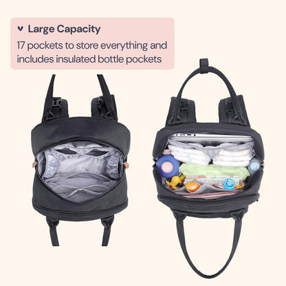 Extra Large Diaper Bag Backpack, Expandable Baby Bag with Up to 50% More Capacity - Travel Essentials Baby Bag Tote with Changing Pad, Stroller Straps & Pacifier Case - Unisex, Black