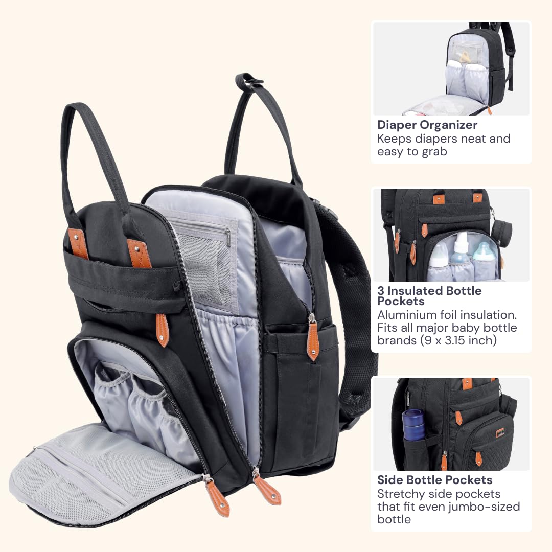 Extra Large Diaper Bag Backpack, Expandable Baby Bag with Up to 50% More Capacity - Travel Essentials Baby Bag Tote with Changing Pad, Stroller Straps & Pacifier Case - Unisex, Black