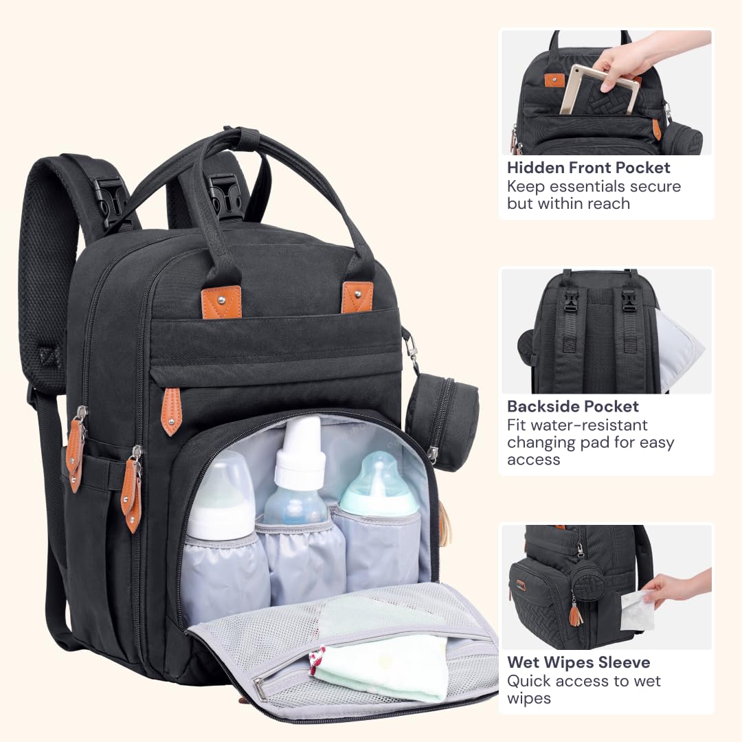 Extra Large Diaper Bag Backpack, Expandable Baby Bag with Up to 50% More Capacity - Travel Essentials Baby Bag Tote with Changing Pad, Stroller Straps & Pacifier Case - Unisex, Black