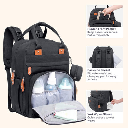 Extra Large Diaper Bag Backpack, Expandable Baby Bag with Up to 50% More Capacity - Travel Essentials Baby Bag Tote with Changing Pad, Stroller Straps & Pacifier Case - Unisex, Black
