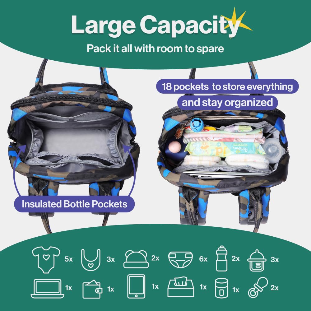 Extra Large Diaper Bag Backpack, Expandable Baby Bag with Up to 50% More Capacity - Travel Essentials Baby Bag Tote with Changing Pad, Stroller Straps & Pacifier Case - Unisex, Black