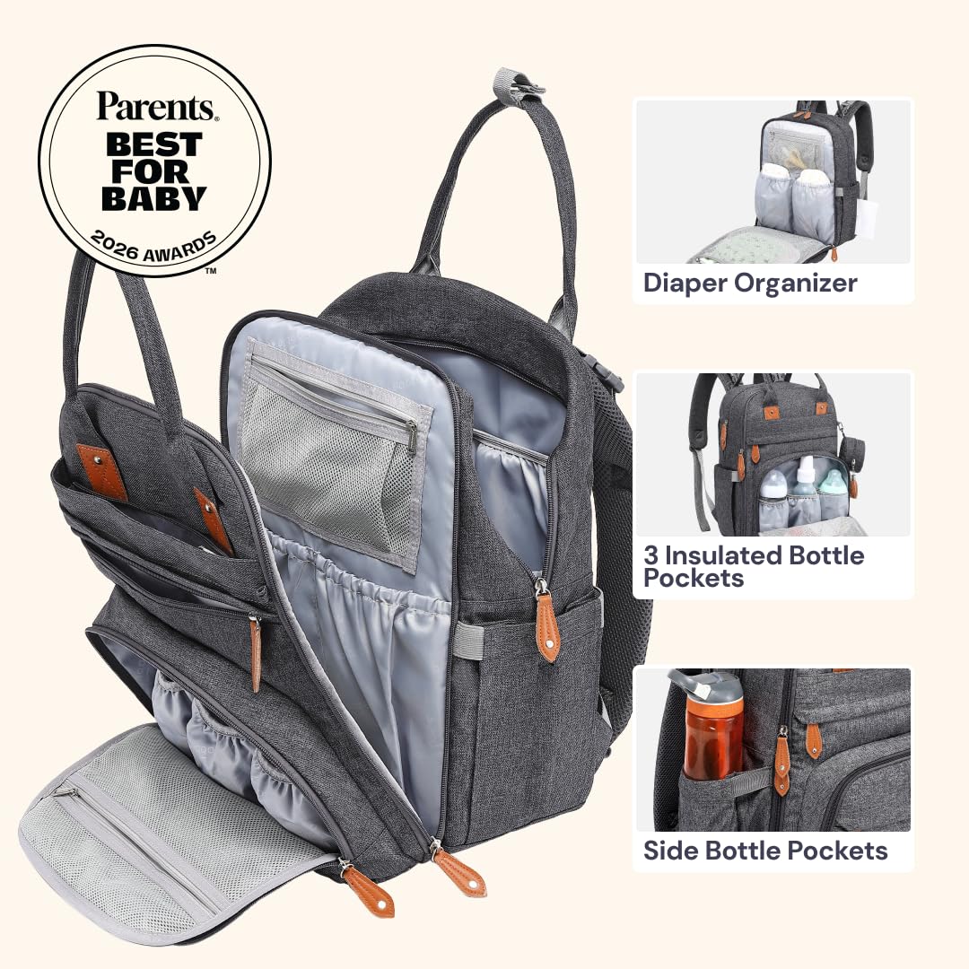 Extra Large Diaper Bag Backpack, Expandable Baby Bag with Up to 50% More Capacity - Travel Essentials Baby Bag Tote with Changing Pad, Stroller Straps & Pacifier Case - Unisex, Black