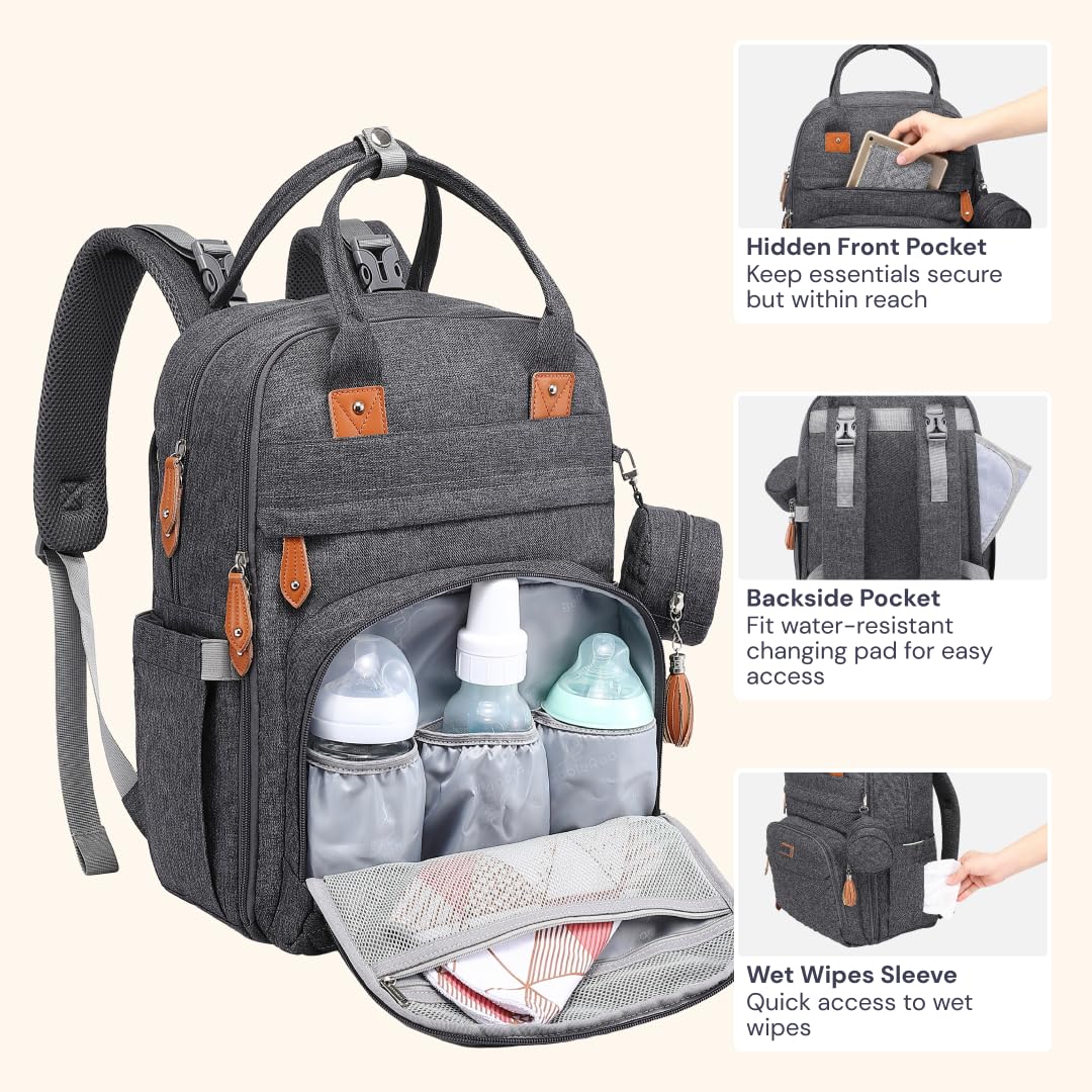 Extra Large Diaper Bag Backpack, Expandable Baby Bag with Up to 50% More Capacity - Travel Essentials Baby Bag Tote with Changing Pad, Stroller Straps & Pacifier Case - Unisex, Black