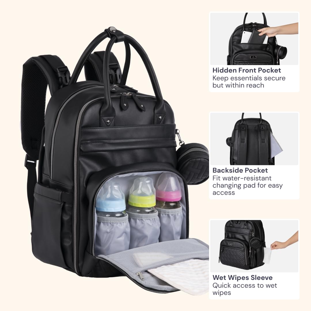 Extra Large Diaper Bag Backpack, Expandable Baby Bag with Up to 50% More Capacity - Travel Essentials Baby Bag Tote with Changing Pad, Stroller Straps & Pacifier Case - Unisex, Black