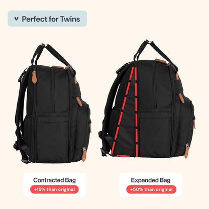Extra Large Diaper Bag Backpack, Expandable Baby Bag with Up to 50% More Capacity - Travel Essentials Baby Bag Tote with Changing Pad, Stroller Straps & Pacifier Case - Unisex, Black