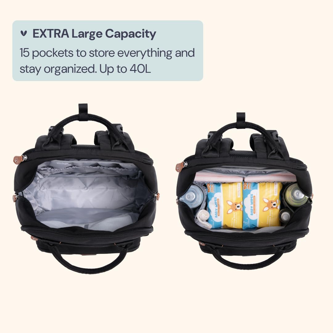 Extra Large Diaper Bag Backpack, Expandable Baby Bag with Up to 50% More Capacity - Travel Essentials Baby Bag Tote with Changing Pad, Stroller Straps & Pacifier Case - Unisex, Black