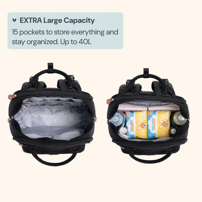 Extra Large Diaper Bag Backpack, Expandable Baby Bag with Up to 50% More Capacity - Travel Essentials Baby Bag Tote with Changing Pad, Stroller Straps & Pacifier Case - Unisex, Black