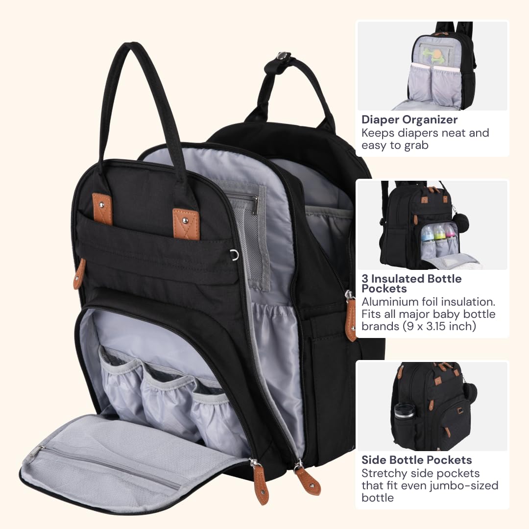 Extra Large Diaper Bag Backpack, Expandable Baby Bag with Up to 50% More Capacity - Travel Essentials Baby Bag Tote with Changing Pad, Stroller Straps & Pacifier Case - Unisex, Black