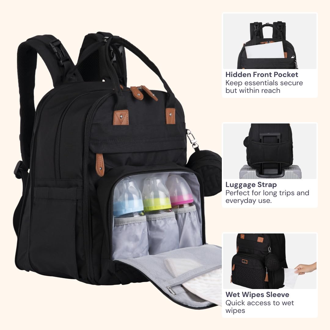 Extra Large Diaper Bag Backpack, Expandable Baby Bag with Up to 50% More Capacity - Travel Essentials Baby Bag Tote with Changing Pad, Stroller Straps & Pacifier Case - Unisex, Black