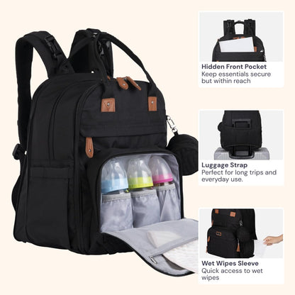 Extra Large Diaper Bag Backpack, Expandable Baby Bag with Up to 50% More Capacity - Travel Essentials Baby Bag Tote with Changing Pad, Stroller Straps & Pacifier Case - Unisex, Black