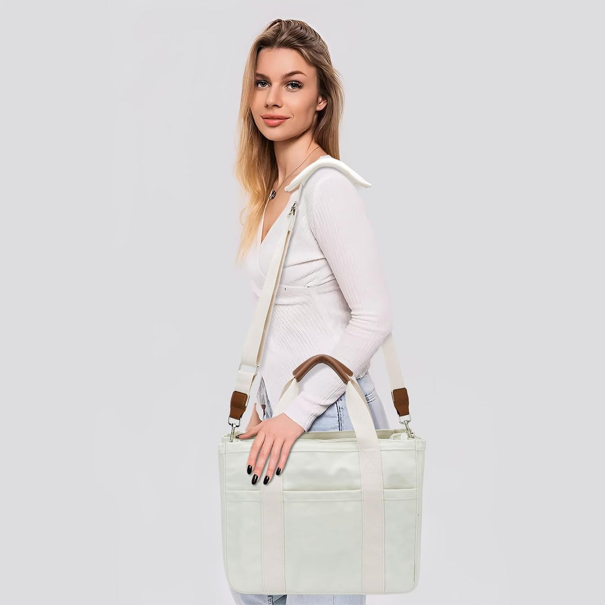 Canvas Tote Bag for Women with Zipper and Compartments Crossbody Large Bible Messenger Purse Bag With Pockets