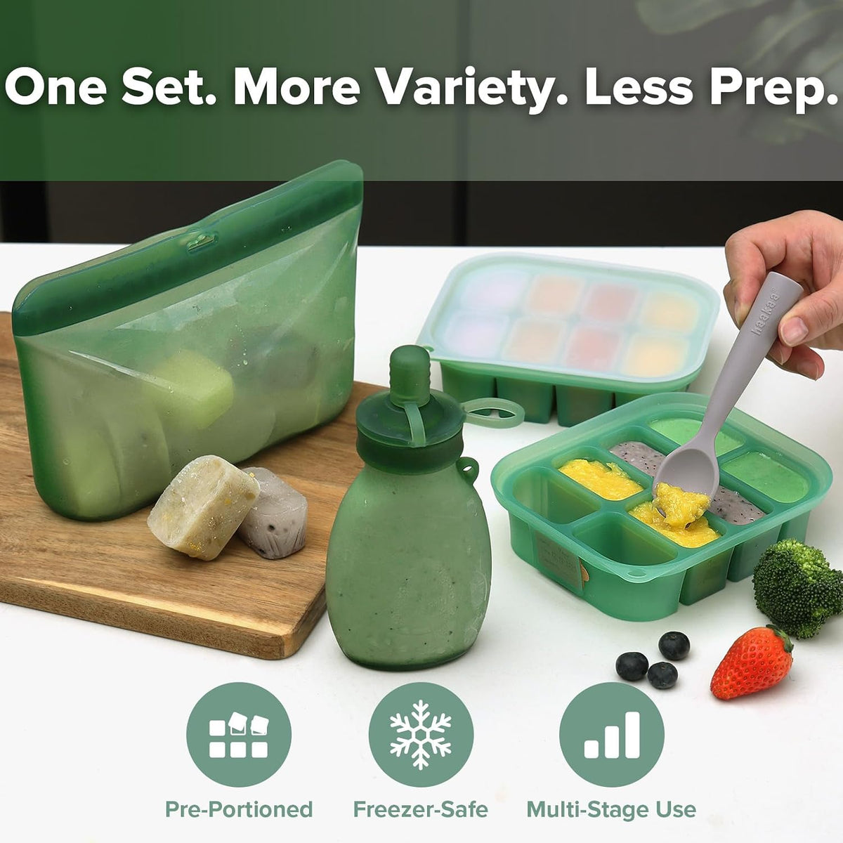 Baby Food Storage Set, Flexi-Prep Store & Feed Combo with Silicone Freezer Trays, 1000ml Reusable Storage Bag and Refillable Baby Food Pouch for Purees, Snacks & Breastmilk