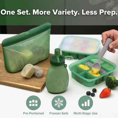 Baby Food Storage Set, Flexi-Prep Store & Feed Combo with Silicone Freezer Trays, 1000ml Reusable Storage Bag and Refillable Baby Food Pouch for Purees, Snacks & Breastmilk