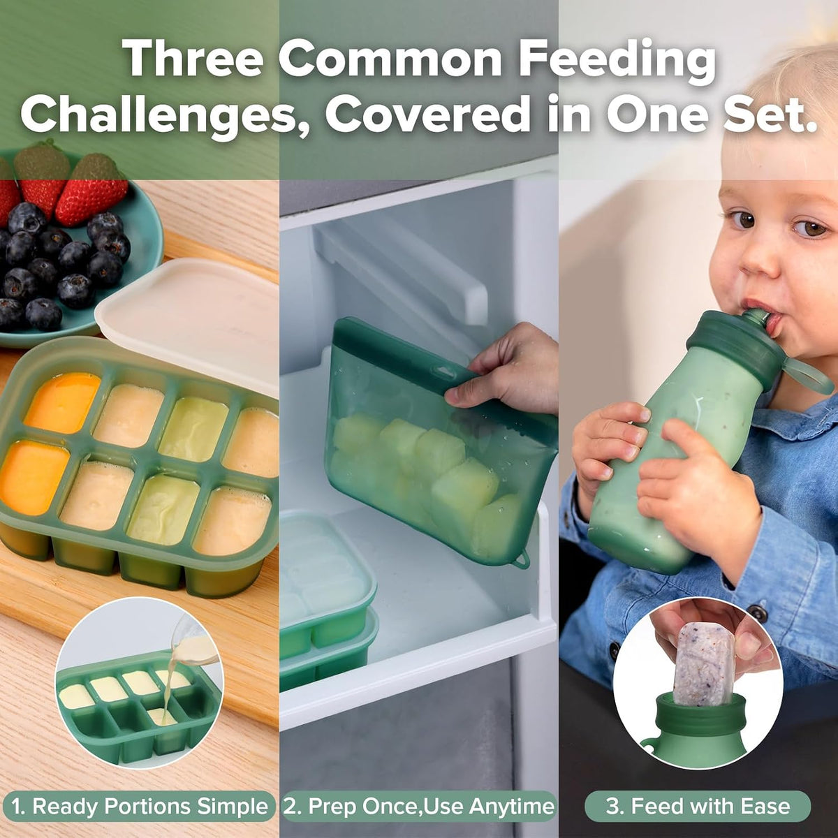 Baby Food Storage Set, Flexi-Prep Store & Feed Combo with Silicone Freezer Trays, 1000ml Reusable Storage Bag and Refillable Baby Food Pouch for Purees, Snacks & Breastmilk