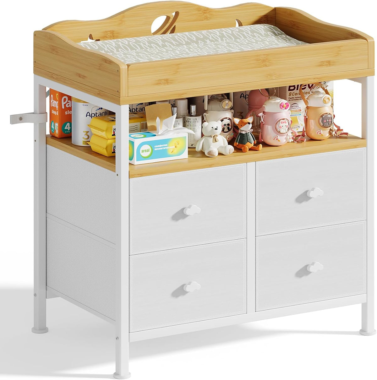 Bamboo Changing Table Dresser with Sturdy Metal Frame, 4 Fabric Drawers, 3-in-1 Baby Dresser with Changing Table Top, Diaper Changing Station and Storage Organizer for Modern Nursery