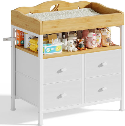 Bamboo Changing Table Dresser with Sturdy Metal Frame, 4 Fabric Drawers, 3-in-1 Baby Dresser with Changing Table Top, Diaper Changing Station and Storage Organizer for Modern Nursery