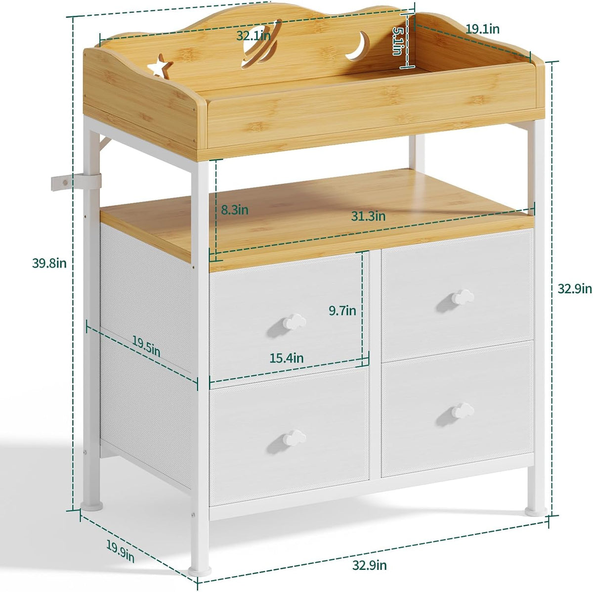 Bamboo Changing Table Dresser with Sturdy Metal Frame, 4 Fabric Drawers, 3-in-1 Baby Dresser with Changing Table Top, Diaper Changing Station and Storage Organizer for Modern Nursery