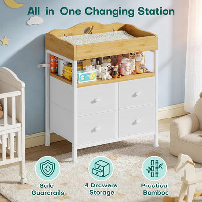 Bamboo Changing Table Dresser with Sturdy Metal Frame, 4 Fabric Drawers, 3-in-1 Baby Dresser with Changing Table Top, Diaper Changing Station and Storage Organizer for Modern Nursery