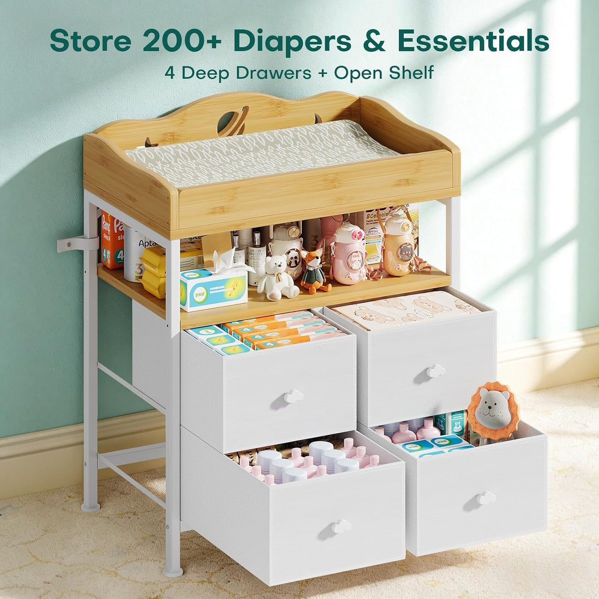 Bamboo Changing Table Dresser with Sturdy Metal Frame, 4 Fabric Drawers, 3-in-1 Baby Dresser with Changing Table Top, Diaper Changing Station and Storage Organizer for Modern Nursery