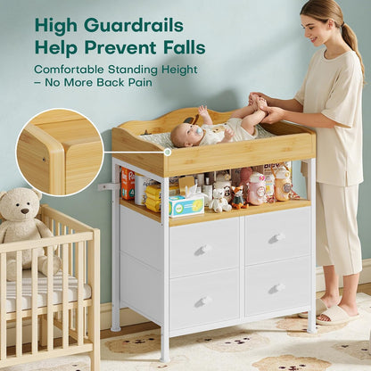 Bamboo Changing Table Dresser with Sturdy Metal Frame, 4 Fabric Drawers, 3-in-1 Baby Dresser with Changing Table Top, Diaper Changing Station and Storage Organizer for Modern Nursery