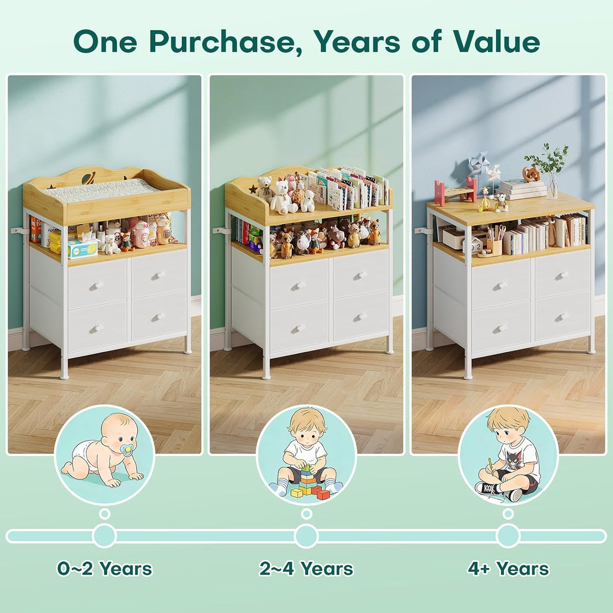 Bamboo Changing Table Dresser with Sturdy Metal Frame, 4 Fabric Drawers, 3-in-1 Baby Dresser with Changing Table Top, Diaper Changing Station and Storage Organizer for Modern Nursery