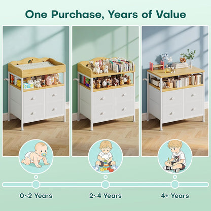 Bamboo Changing Table Dresser with Sturdy Metal Frame, 4 Fabric Drawers, 3-in-1 Baby Dresser with Changing Table Top, Diaper Changing Station and Storage Organizer for Modern Nursery