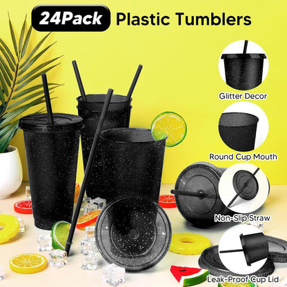 24 Pack Plastic Tumblers with Lids and Straw, Reusable Cups with Lids and Straws Colorful Cups for Cold Drink Iced Coffee, Plastic Tumbler Bulk for Party Birthday Gifts (24 oz, Solid Colors)
