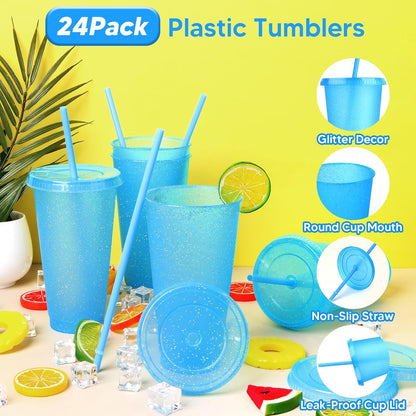 24 Pack Plastic Tumblers with Lids and Straw, Reusable Cups with Lids and Straws Colorful Cups for Cold Drink Iced Coffee, Plastic Tumbler Bulk for Party Birthday Gifts (24 oz, Solid Colors)
