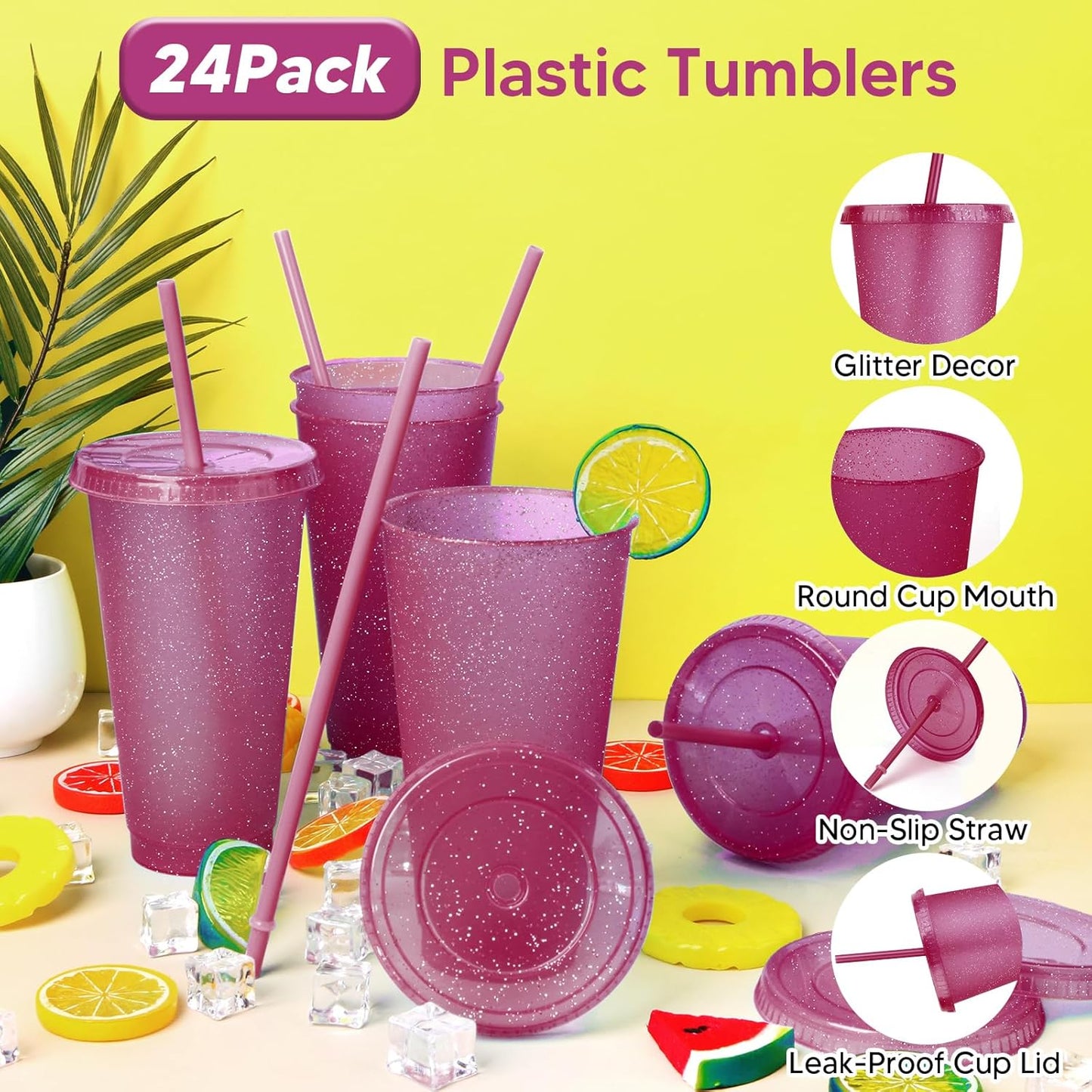 24 Pack Plastic Tumblers with Lids and Straw, Reusable Cups with Lids and Straws Colorful Cups for Cold Drink Iced Coffee, Plastic Tumbler Bulk for Party Birthday Gifts (24 oz, Solid Colors)