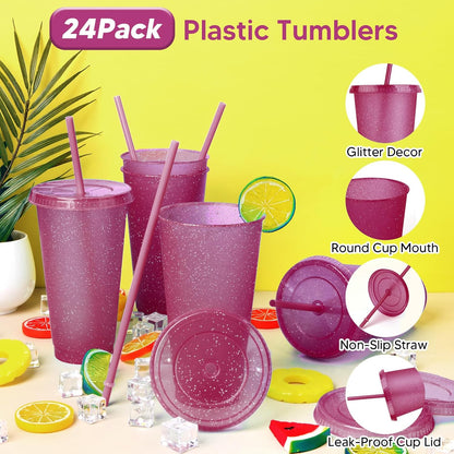 24 Pack Plastic Tumblers with Lids and Straw, Reusable Cups with Lids and Straws Colorful Cups for Cold Drink Iced Coffee, Plastic Tumbler Bulk for Party Birthday Gifts (24 oz, Solid Colors)