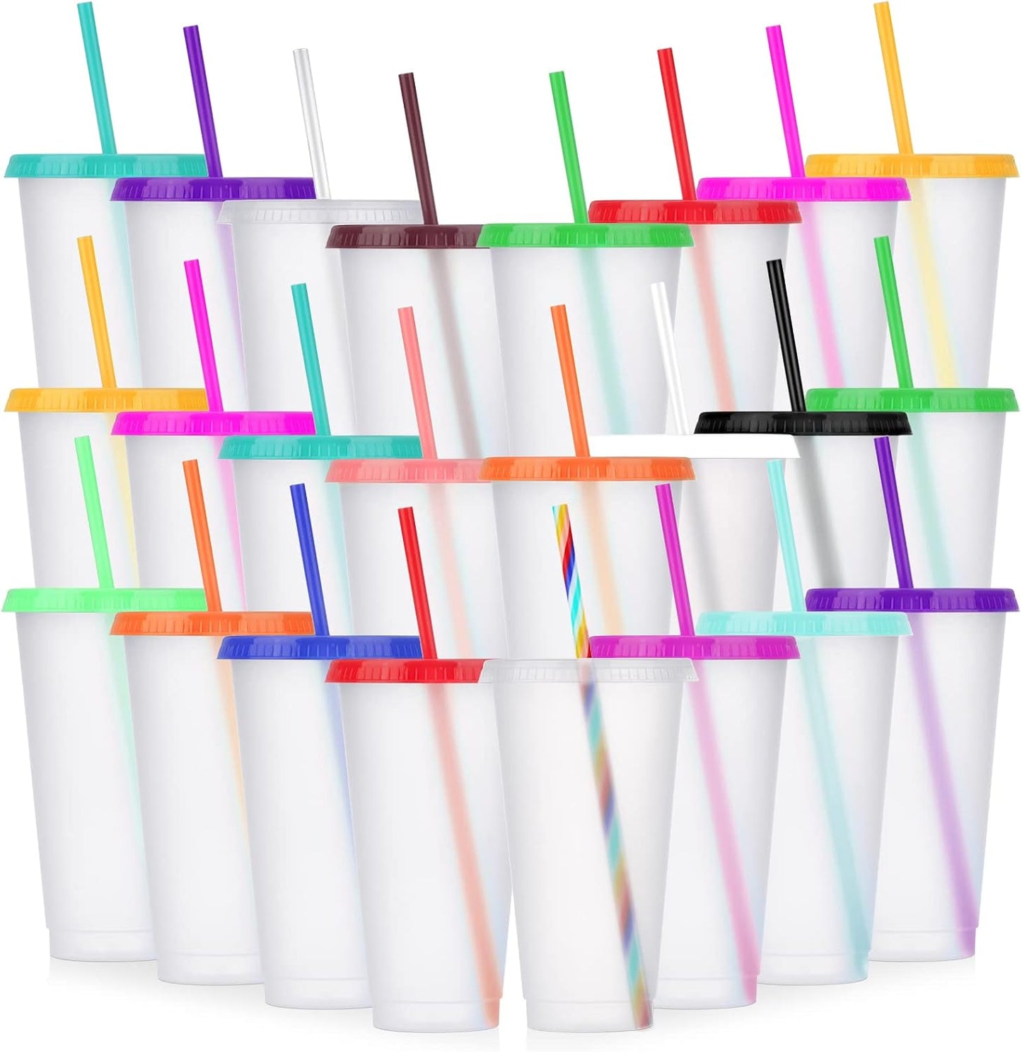 24 Pack Plastic Tumblers with Lids and Straw, Reusable Cups with Lids and Straws Colorful Cups for Cold Drink Iced Coffee, Plastic Tumbler Bulk for Party Birthday Gifts (24 oz, Solid Colors)