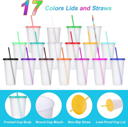 24 Pack Plastic Tumblers with Lids and Straw, Reusable Cups with Lids and Straws Colorful Cups for Cold Drink Iced Coffee, Plastic Tumbler Bulk for Party Birthday Gifts (24 oz, Solid Colors)