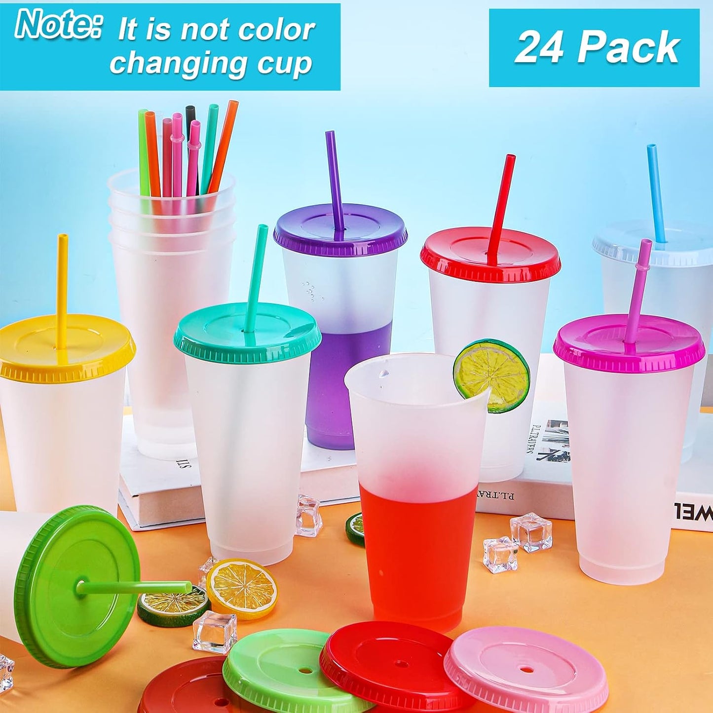 24 Pack Plastic Tumblers with Lids and Straw, Reusable Cups with Lids and Straws Colorful Cups for Cold Drink Iced Coffee, Plastic Tumbler Bulk for Party Birthday Gifts (24 oz, Solid Colors)