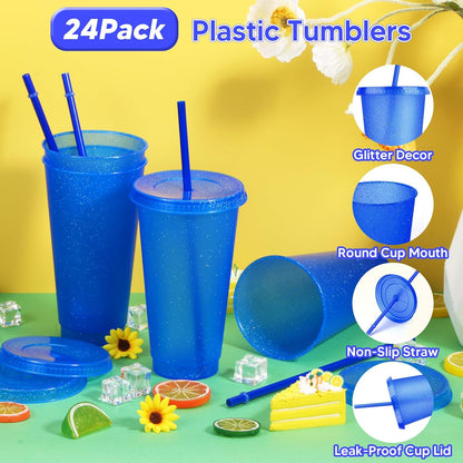 24 Pack Plastic Tumblers with Lids and Straw, Reusable Cups with Lids and Straws Colorful Cups for Cold Drink Iced Coffee, Plastic Tumbler Bulk for Party Birthday Gifts (24 oz, Solid Colors)