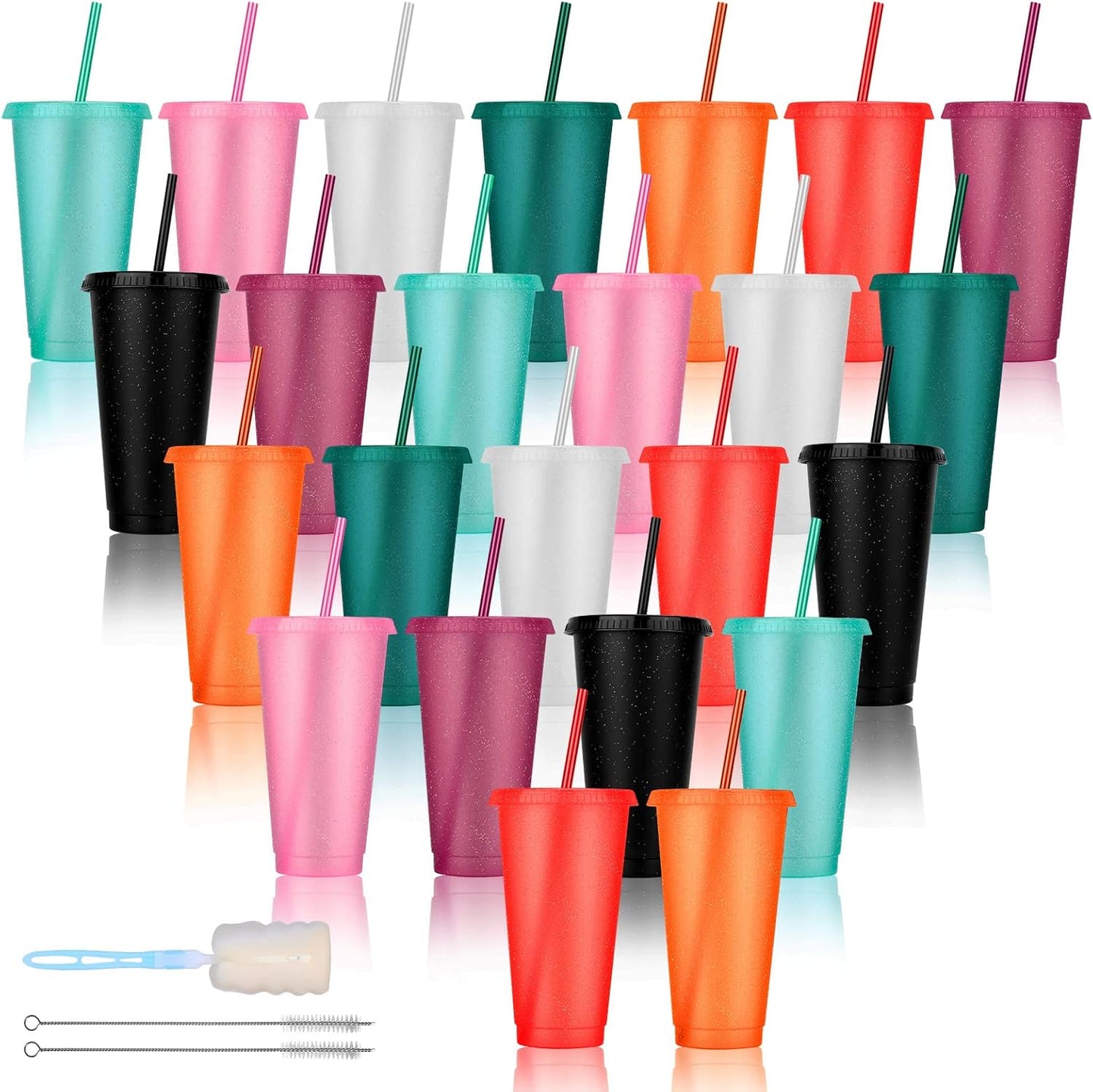 24 Pack Plastic Tumblers with Lids and Straw, Reusable Cups with Lids and Straws Colorful Cups for Cold Drink Iced Coffee, Plastic Tumbler Bulk for Party Birthday Gifts (24 oz, Solid Colors)