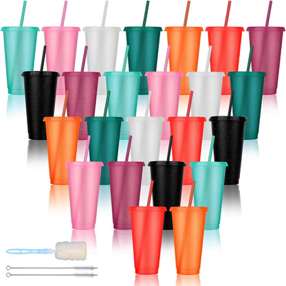 24 Pack Plastic Tumblers with Lids and Straw, Reusable Cups with Lids and Straws Colorful Cups for Cold Drink Iced Coffee, Plastic Tumbler Bulk for Party Birthday Gifts (24 oz, Solid Colors)