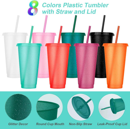 24 Pack Plastic Tumblers with Lids and Straw, Reusable Cups with Lids and Straws Colorful Cups for Cold Drink Iced Coffee, Plastic Tumbler Bulk for Party Birthday Gifts (24 oz, Solid Colors)