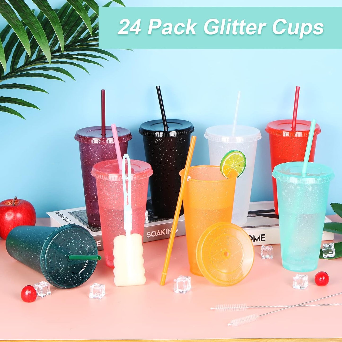 24 Pack Plastic Tumblers with Lids and Straw, Reusable Cups with Lids and Straws Colorful Cups for Cold Drink Iced Coffee, Plastic Tumbler Bulk for Party Birthday Gifts (24 oz, Solid Colors)
