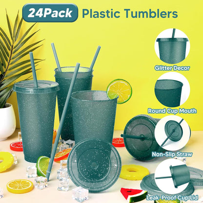 24 Pack Plastic Tumblers with Lids and Straw, Reusable Cups with Lids and Straws Colorful Cups for Cold Drink Iced Coffee, Plastic Tumbler Bulk for Party Birthday Gifts (24 oz, Solid Colors)