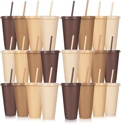 24 Pack Plastic Tumblers with Lids and Straw, Reusable Cups with Lids and Straws Colorful Cups for Cold Drink Iced Coffee, Plastic Tumbler Bulk for Party Birthday Gifts (24 oz, Solid Colors)