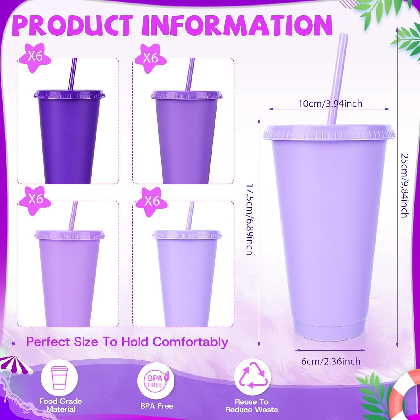24 Pack Plastic Tumblers with Lids and Straw, Reusable Cups with Lids and Straws Colorful Cups for Cold Drink Iced Coffee, Plastic Tumbler Bulk for Party Birthday Gifts (24 oz, Solid Colors)