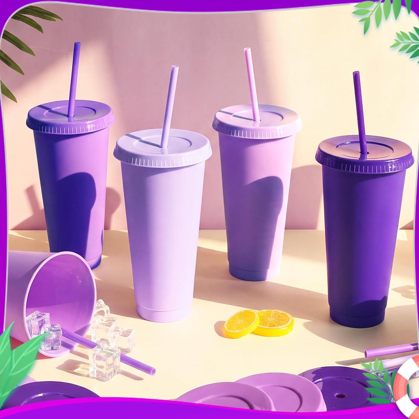 24 Pack Plastic Tumblers with Lids and Straw, Reusable Cups with Lids and Straws Colorful Cups for Cold Drink Iced Coffee, Plastic Tumbler Bulk for Party Birthday Gifts (24 oz, Solid Colors)