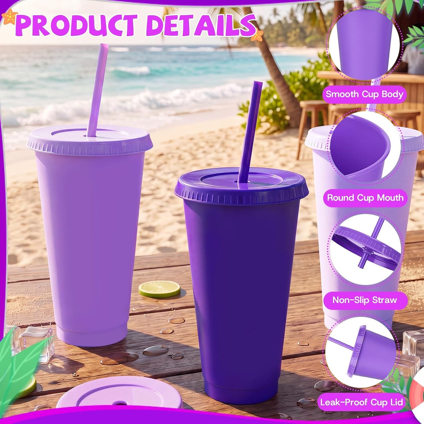 24 Pack Plastic Tumblers with Lids and Straw, Reusable Cups with Lids and Straws Colorful Cups for Cold Drink Iced Coffee, Plastic Tumbler Bulk for Party Birthday Gifts (24 oz, Solid Colors)