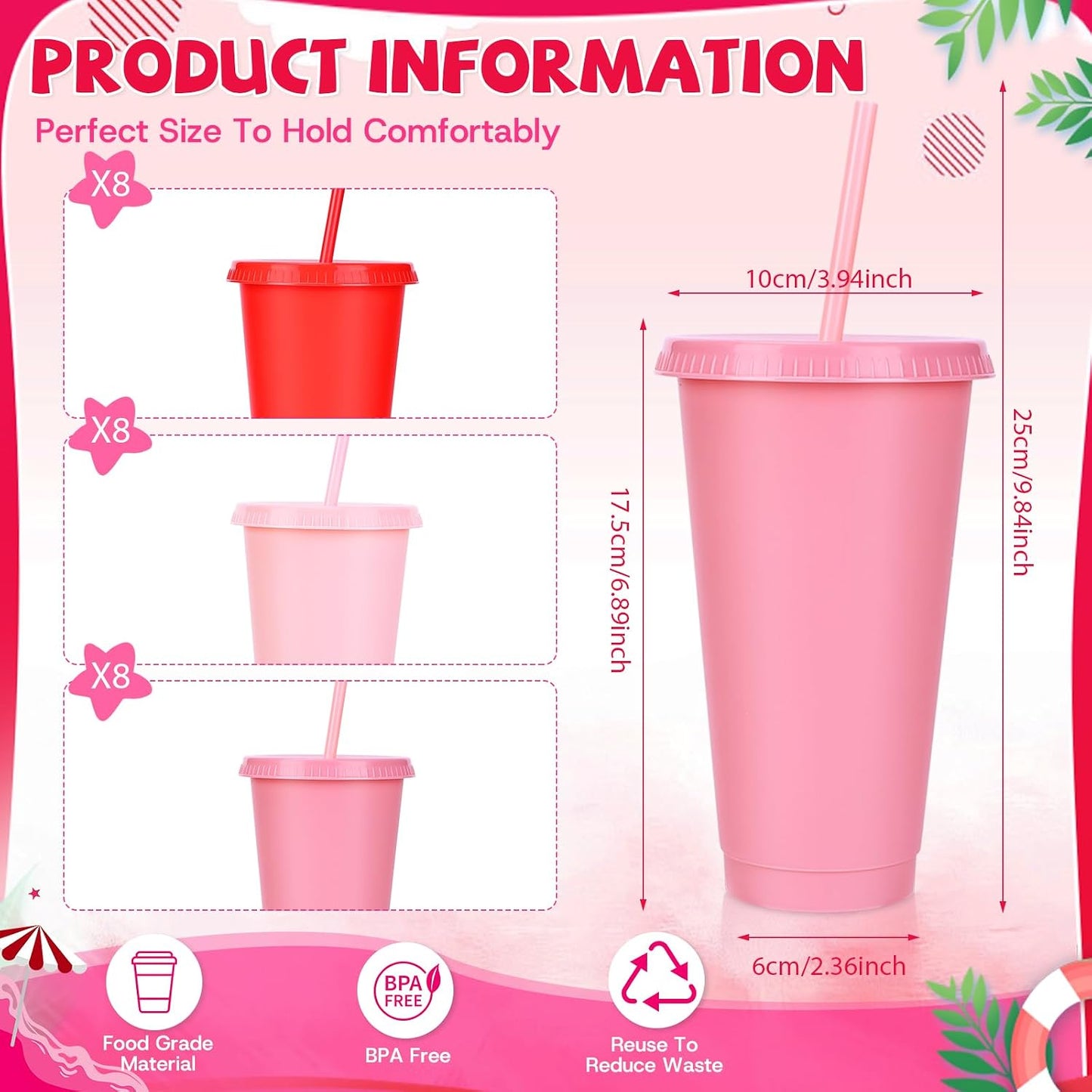 24 Pack Plastic Tumblers with Lids and Straw, Reusable Cups with Lids and Straws Colorful Cups for Cold Drink Iced Coffee, Plastic Tumbler Bulk for Party Birthday Gifts (24 oz, Solid Colors)