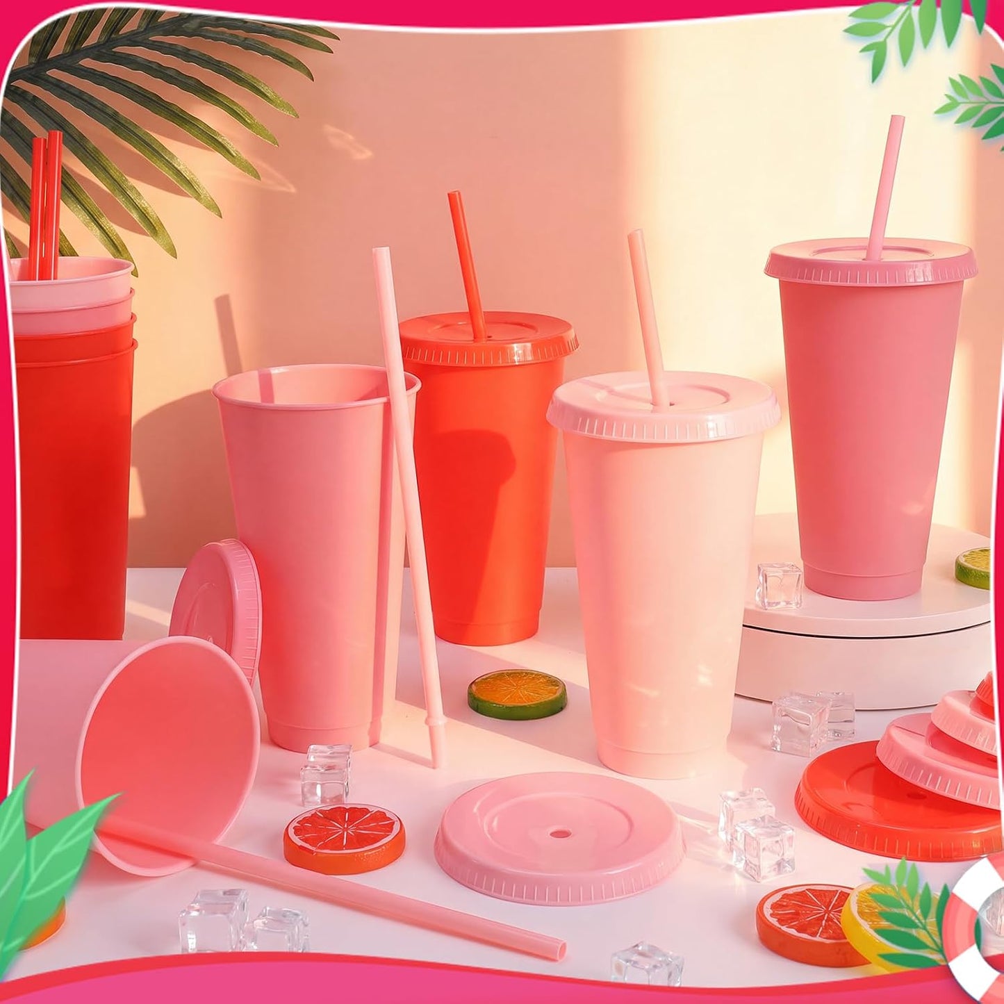 24 Pack Plastic Tumblers with Lids and Straw, Reusable Cups with Lids and Straws Colorful Cups for Cold Drink Iced Coffee, Plastic Tumbler Bulk for Party Birthday Gifts (24 oz, Solid Colors)