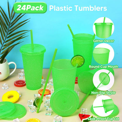 24 Pack Plastic Tumblers with Lids and Straw, Reusable Cups with Lids and Straws Colorful Cups for Cold Drink Iced Coffee, Plastic Tumbler Bulk for Party Birthday Gifts (24 oz, Solid Colors)