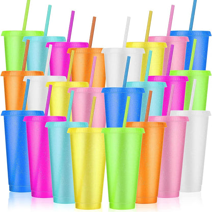 24 Pack Plastic Tumblers with Lids and Straw, Reusable Cups with Lids and Straws Colorful Cups for Cold Drink Iced Coffee, Plastic Tumbler Bulk for Party Birthday Gifts (24 oz, Solid Colors)