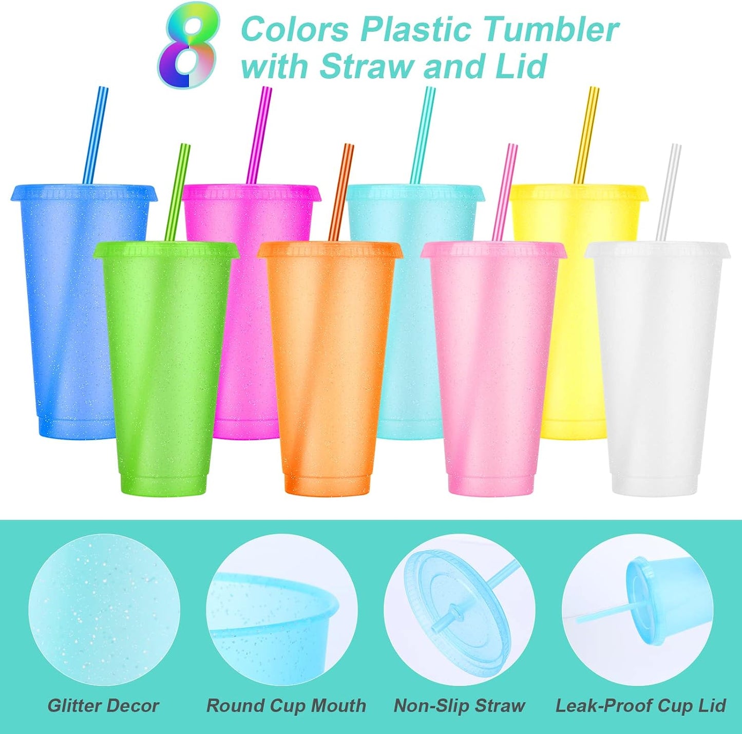 24 Pack Plastic Tumblers with Lids and Straw, Reusable Cups with Lids and Straws Colorful Cups for Cold Drink Iced Coffee, Plastic Tumbler Bulk for Party Birthday Gifts (24 oz, Solid Colors)