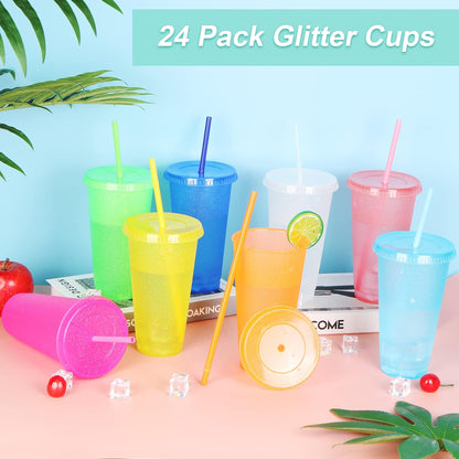 24 Pack Plastic Tumblers with Lids and Straw, Reusable Cups with Lids and Straws Colorful Cups for Cold Drink Iced Coffee, Plastic Tumbler Bulk for Party Birthday Gifts (24 oz, Solid Colors)
